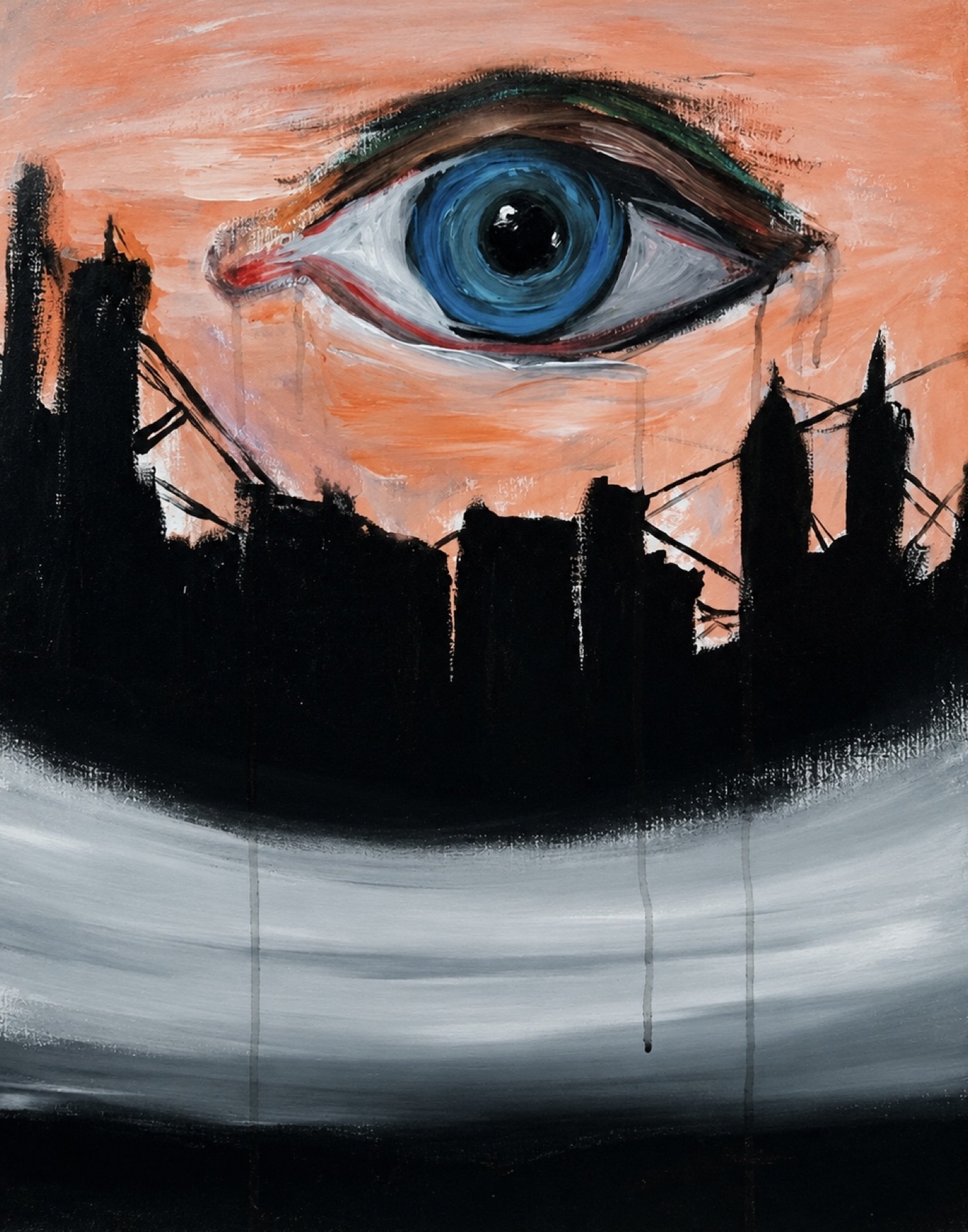 A large blue eye suspended over a dark city
