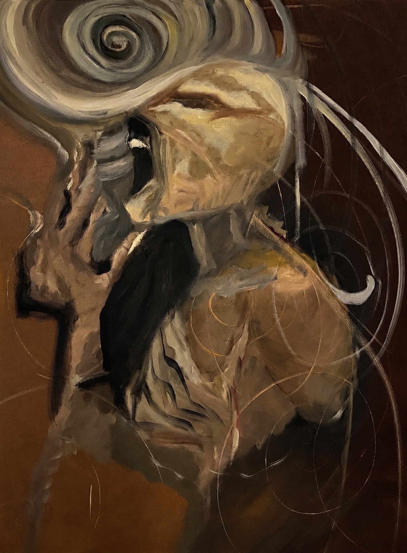 Expressive figure surrounded by spiral lines