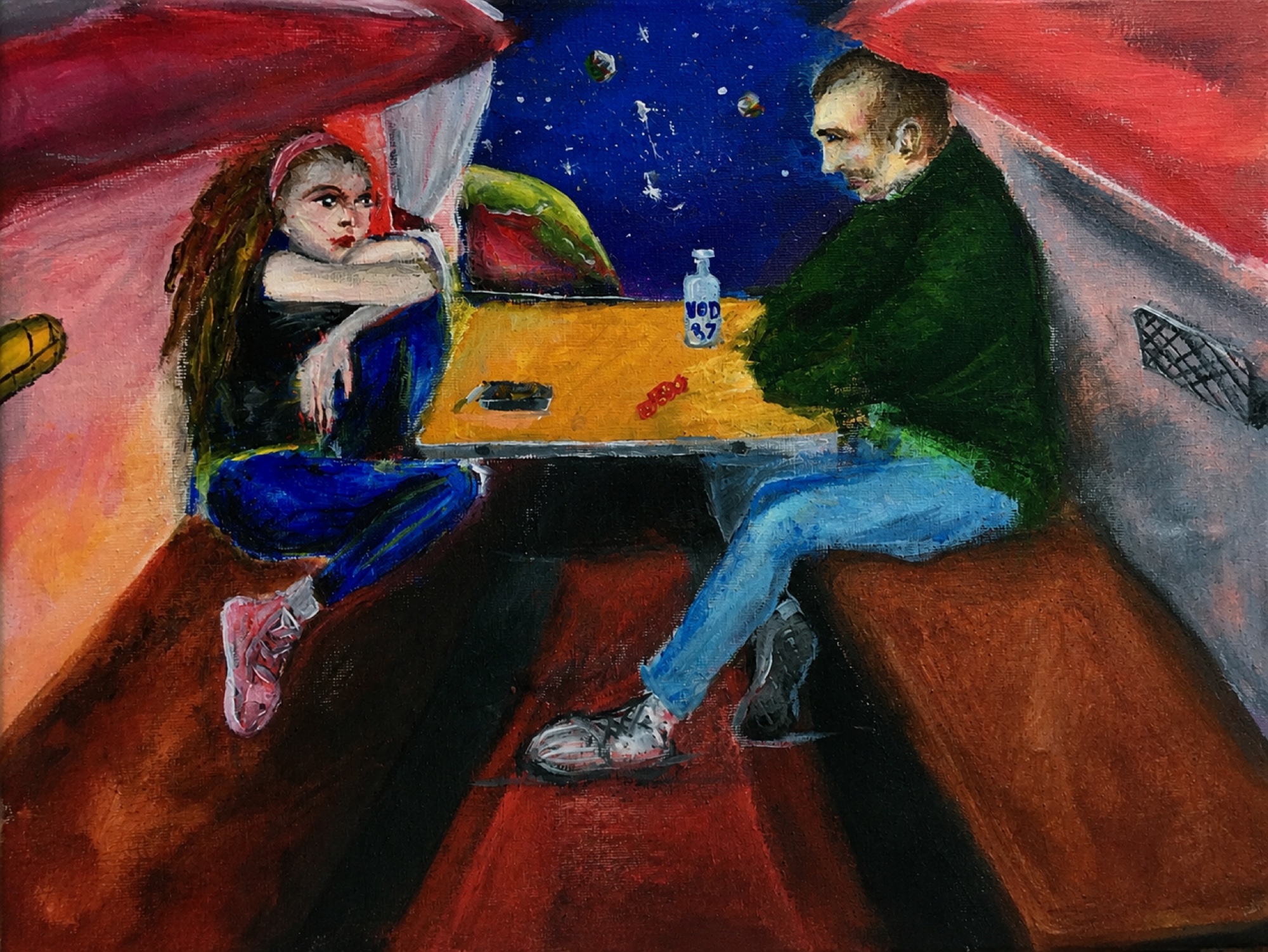 Two figures in a surreal night-time interior